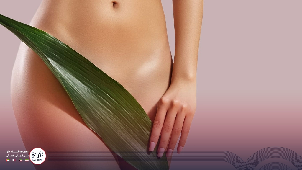 لیزر CO2 بیکینی - زنی که با تکه ای برگ اندام خود را پوشانده