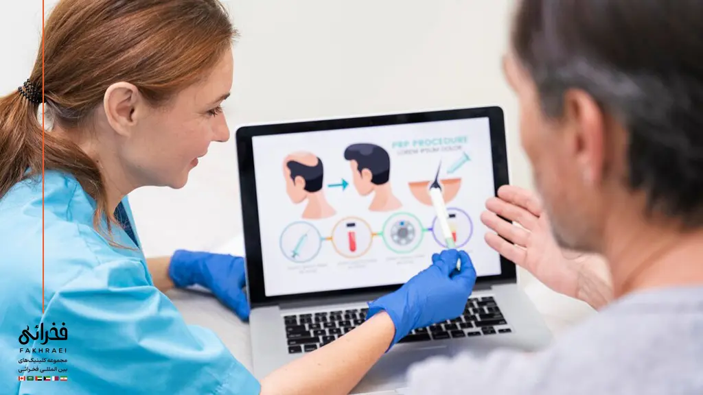 یک متخصص در حال بررسی انجام کاشت مو سلول بنیادی برای یک مرد