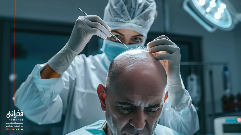 پزشک در حال انجام کاشت مو به روش سلول بنیادی