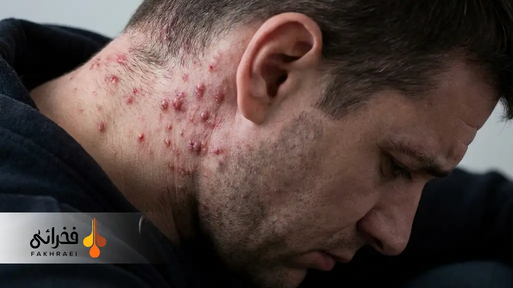 آکنه کلوئید نوچا (Acne Keloidalis Nuchae) در گردن و پشت سر بیمار